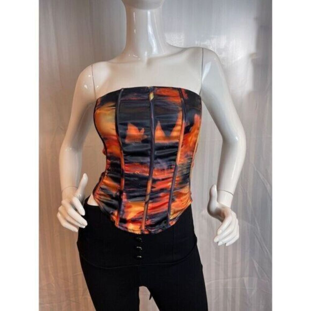 Micas Abstract Fire Flames Lace up Corset Tops‎ Size Small
